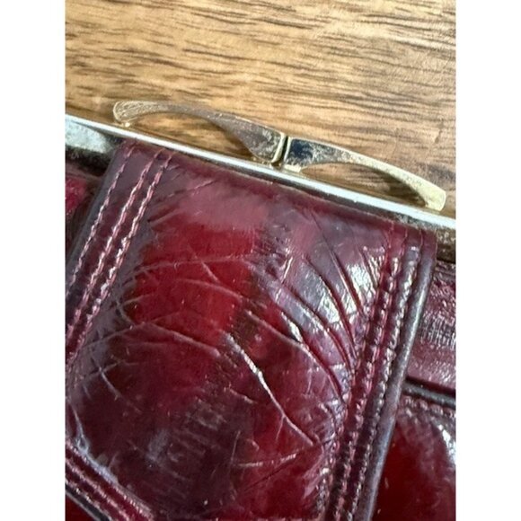 Burgundy Oxblood Eel Skin Bifold Wallet Kiss Lock Coin Vintage Dark Red Snap Fla - Picture 6 of 6